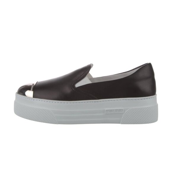 NWT Miu Miu Platform Slip-on Sneakers Black Leather Silver Toe Cap Sz 35.5 - Picture 2 of 13